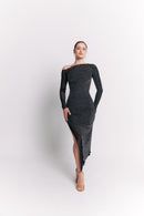 Asymmetric Mesh Black Dress with Long Sleeves