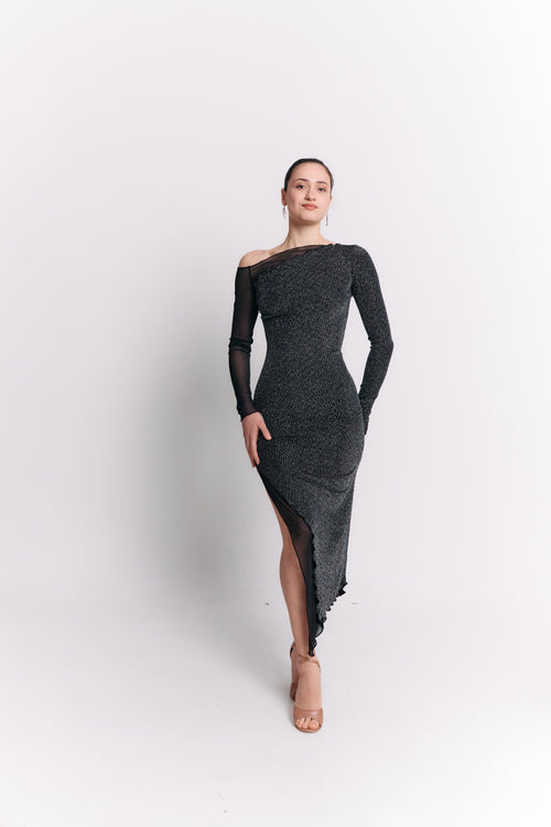 Asymmetric Mesh Black Dress with Long Sleeves