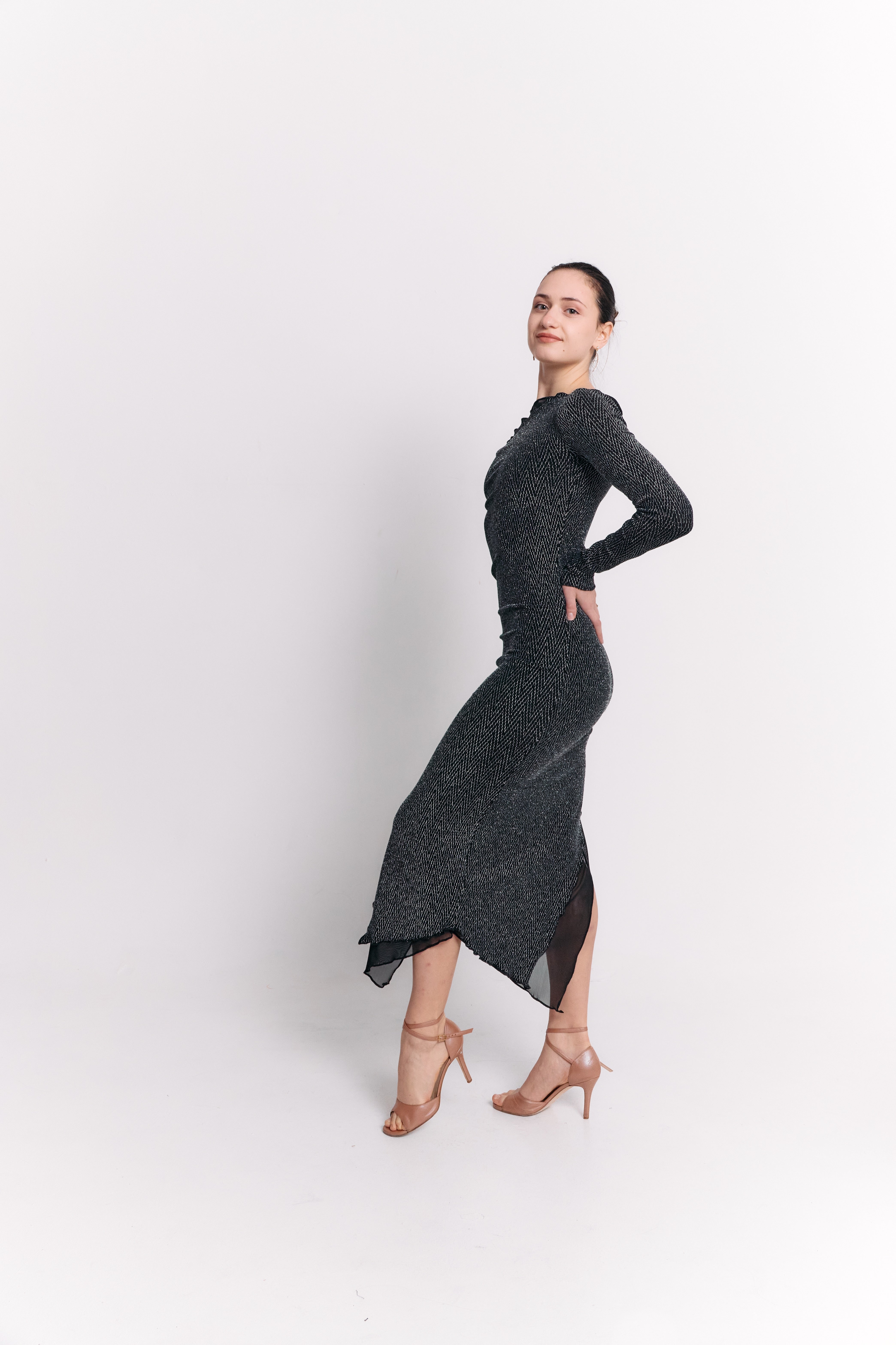 Asymmetric Mesh Black Dress with Long Sleeves