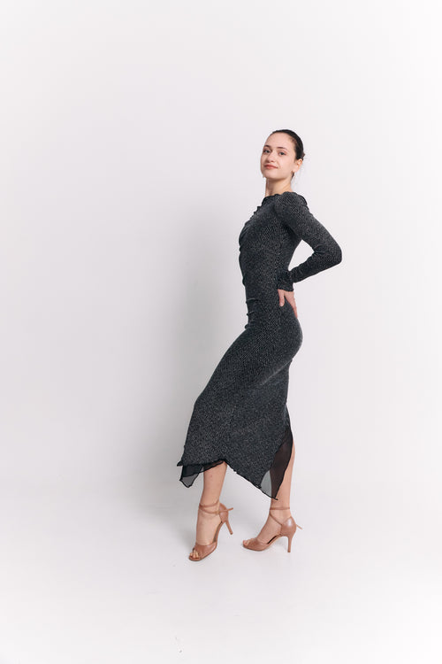 Asymmetric Mesh Black Dress with Long Sleeves