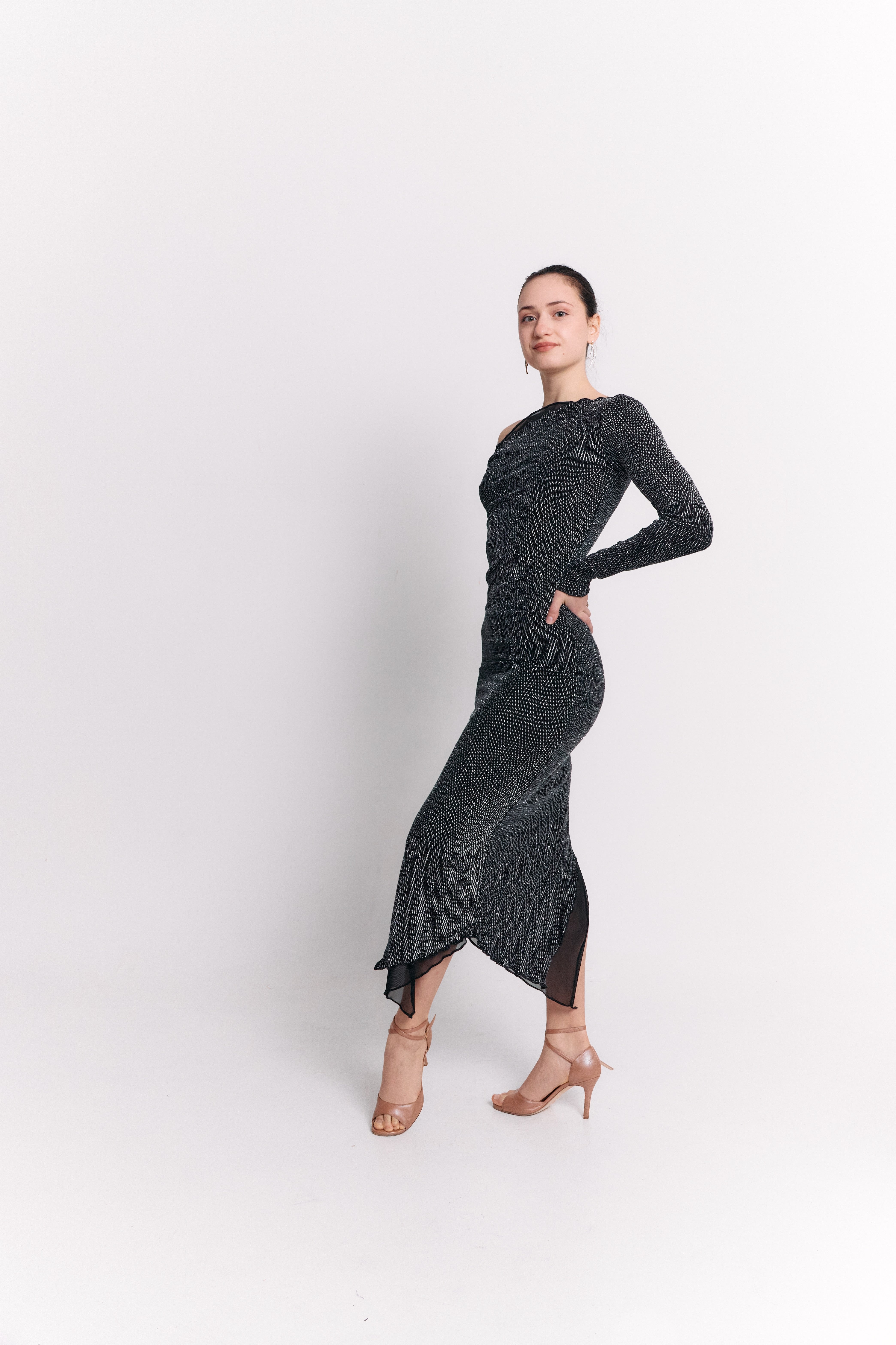 Asymmetric Mesh Black Dress with Long Sleeves