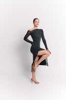 Asymmetric Mesh Black Dress with Long Sleeves