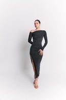 Asymmetric Mesh Black Dress with Long Sleeves