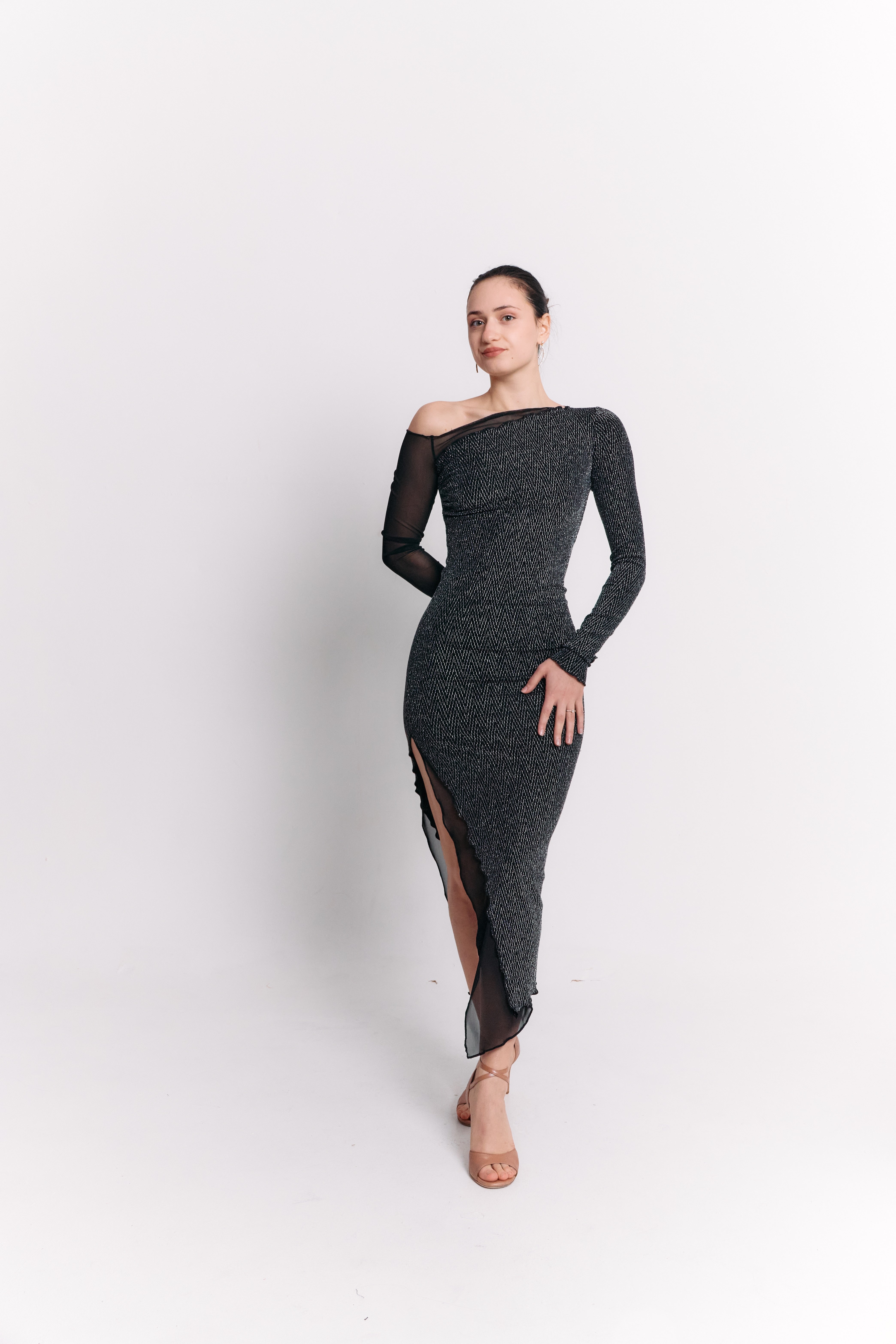 Asymmetric Mesh Black Dress with Long Sleeves