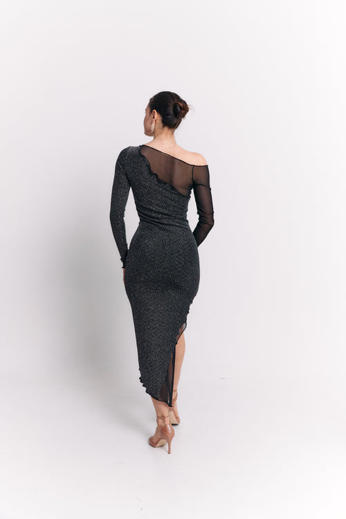 Asymmetric Mesh Black Dress with Long Sleeves