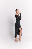 Asymmetric Mesh Black Dress with Long Sleeves