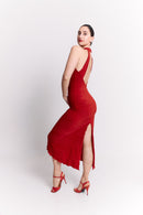 Red Lurex Halter Open Back Midi Dress