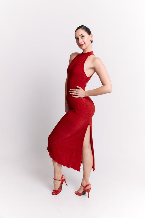 Red Lurex Halter Open Back Midi Dress