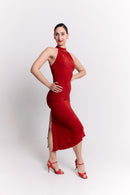 Red Lurex Halter Open Back Midi Dress