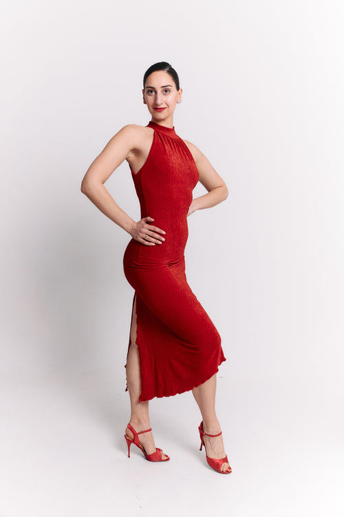 Red Lurex Halter Open Back Midi Dress
