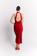 Red Lurex Halter Open Back Midi Dress