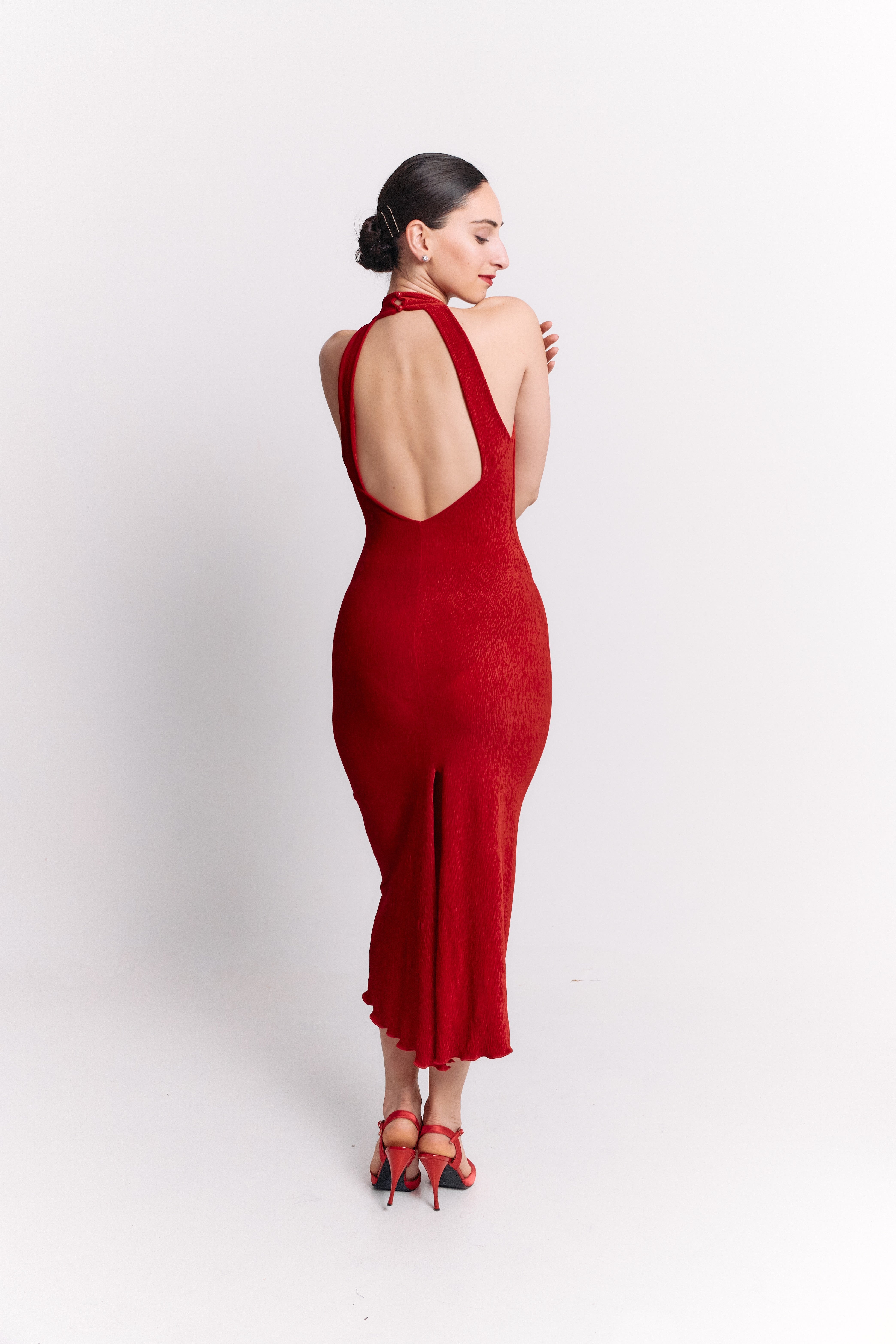 Red Lurex Halter Open Back Midi Dress