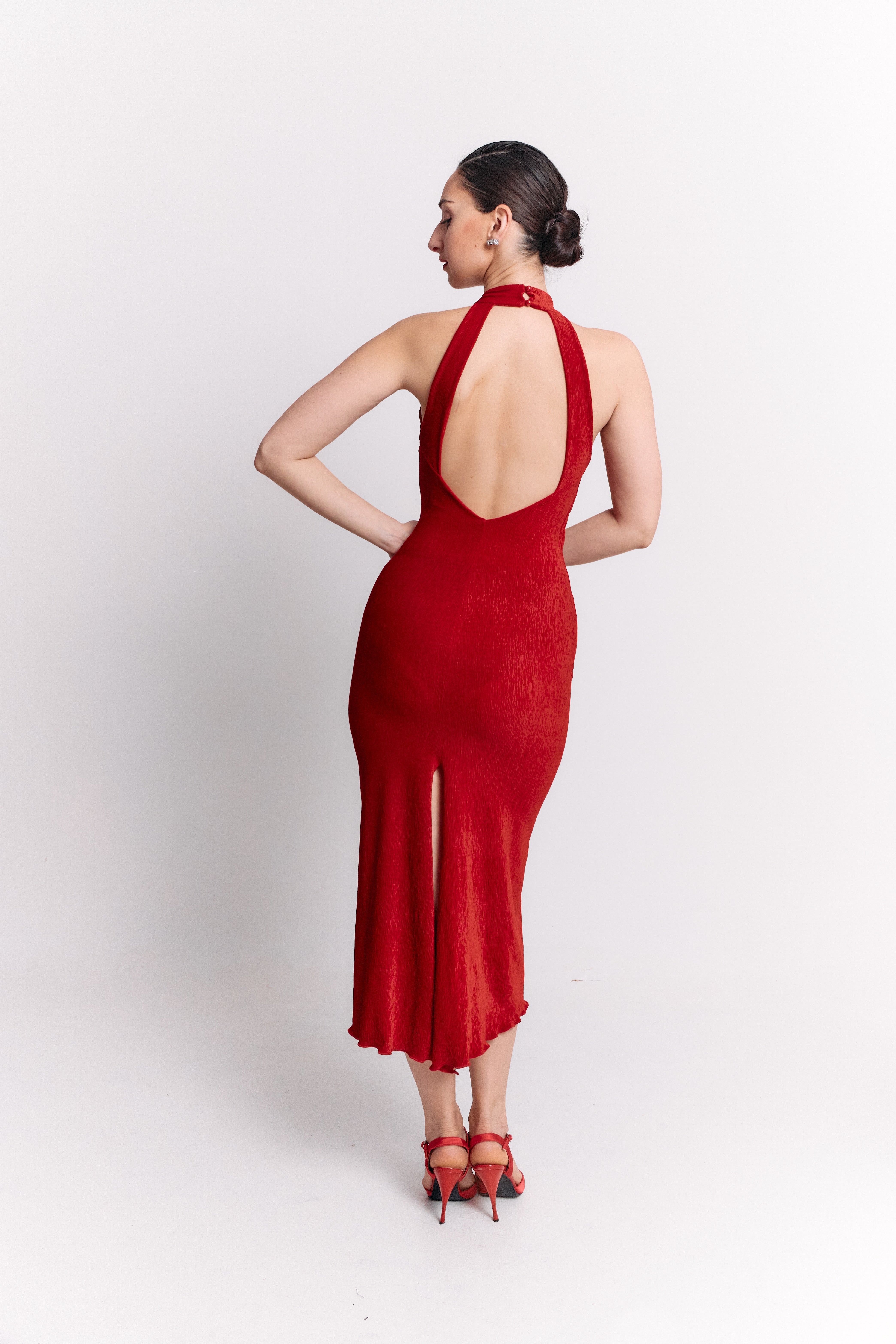 Red Lurex Halter Open Back Midi Dress