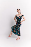 Mermaid Off-Shoulder Maxi Velvet Dress in Teal Floral