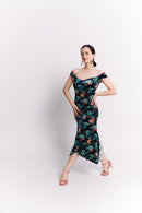 Mermaid Off-Shoulder Maxi Velvet Dress in Teal Floral