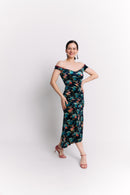 Mermaid Off-Shoulder Maxi Velvet Dress in Teal Floral