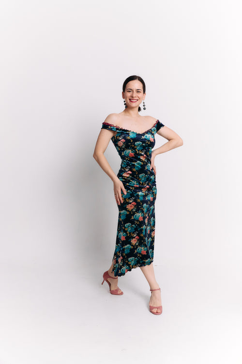 Mermaid Off-Shoulder Maxi Velvet Dress in Teal Floral