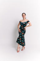 Mermaid Off-Shoulder Maxi Velvet Dress in Teal Floral