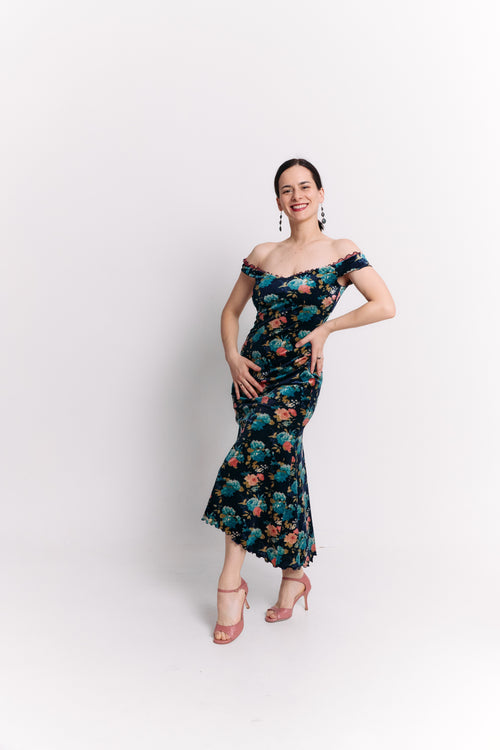 Mermaid Off-Shoulder Maxi Velvet Dress in Teal Floral