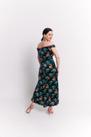 Mermaid Off-Shoulder Maxi Velvet Dress in Teal Floral
