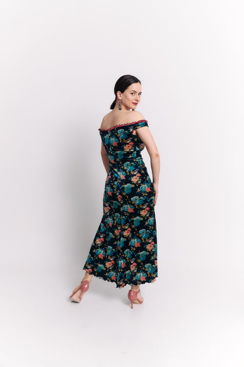 Mermaid Off-Shoulder Maxi Velvet Dress in Teal Floral