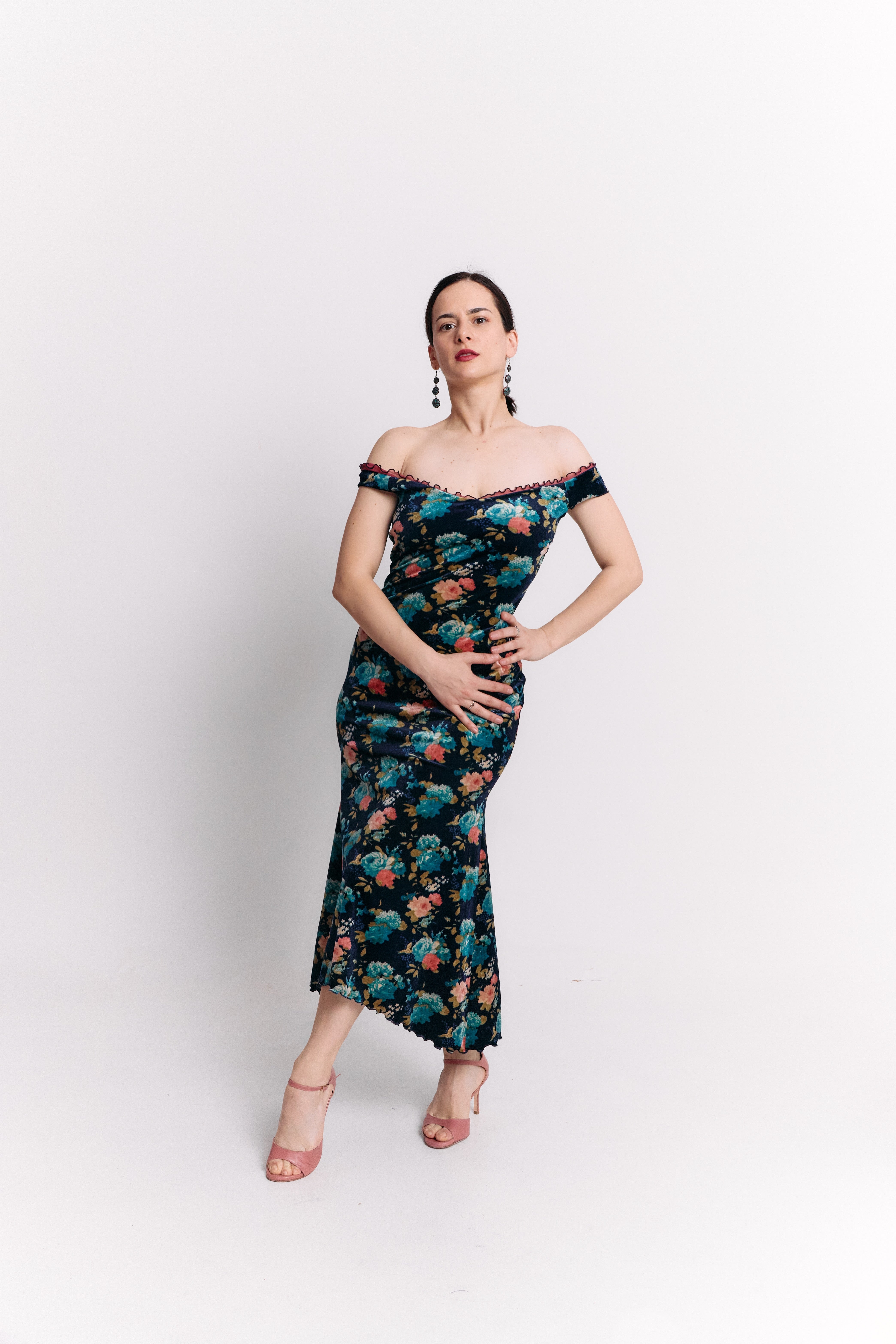 Mermaid Off-Shoulder Maxi Velvet Dress in Teal Floral
