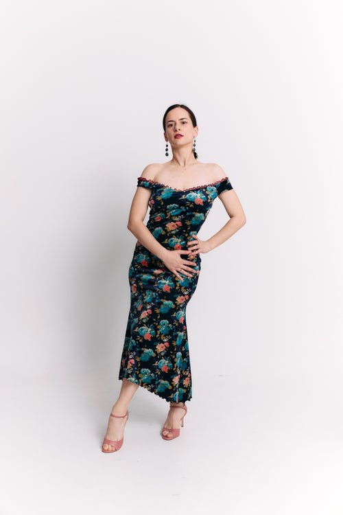 Mermaid Off-Shoulder Maxi Velvet Dress in Teal Floral
