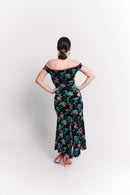 Mermaid Off-Shoulder Maxi Velvet Dress in Teal Floral