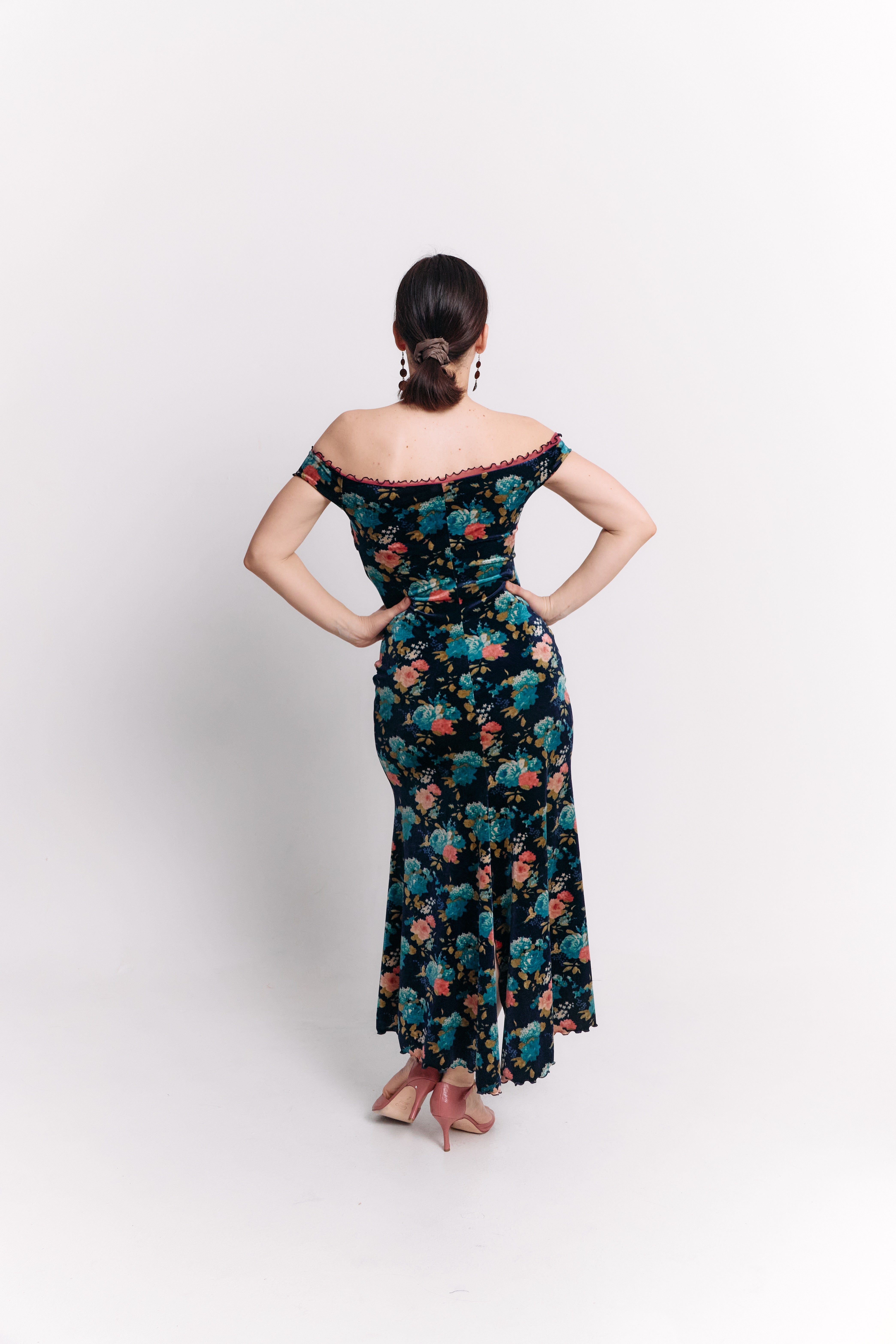 Mermaid Off-Shoulder Maxi Velvet Dress in Teal Floral