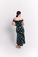 Mermaid Off-Shoulder Maxi Velvet Dress in Teal Floral