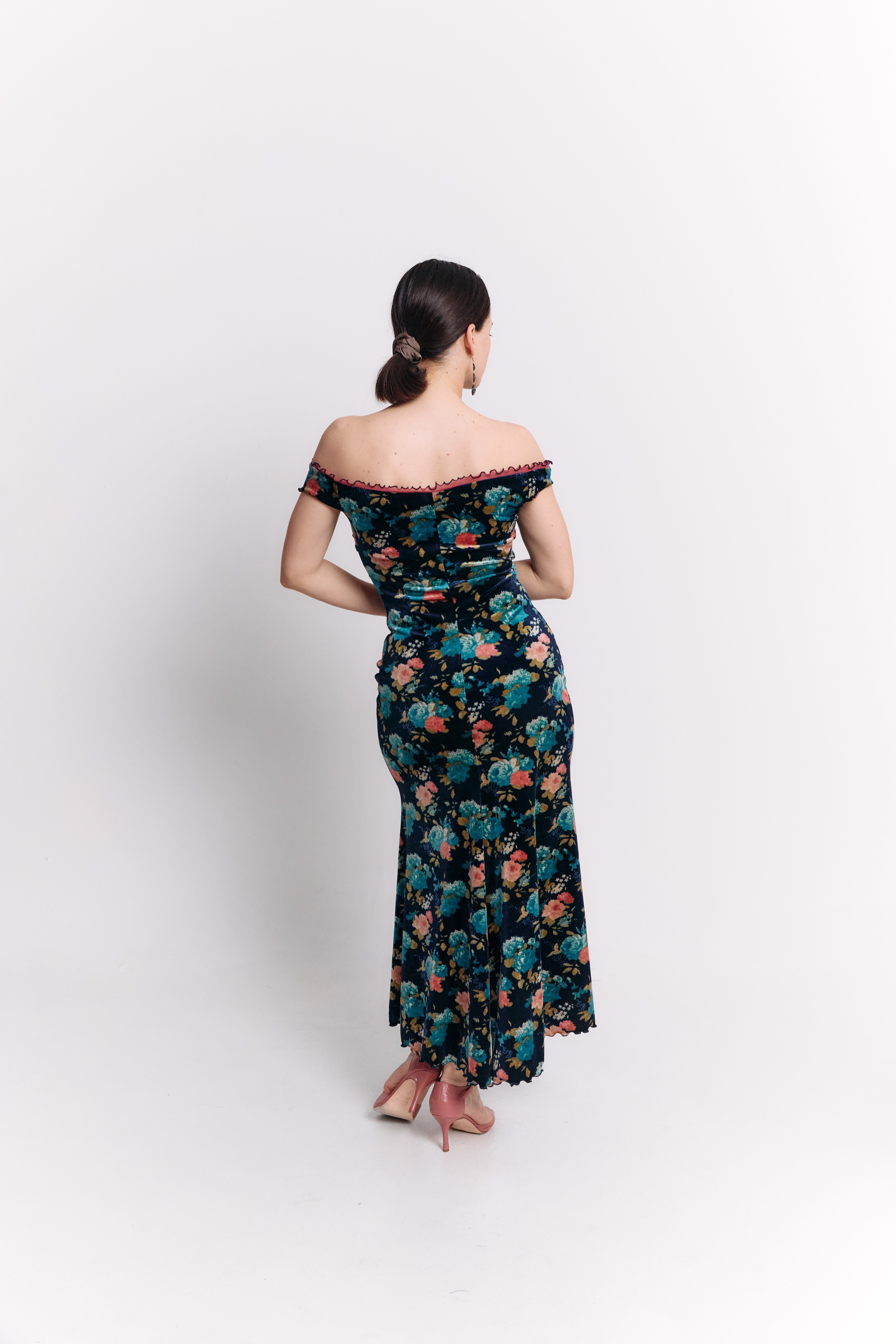Mermaid Off-Shoulder Maxi Velvet Dress in Teal Floral