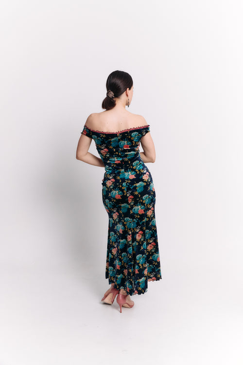 Mermaid Off-Shoulder Maxi Velvet Dress in Teal Floral