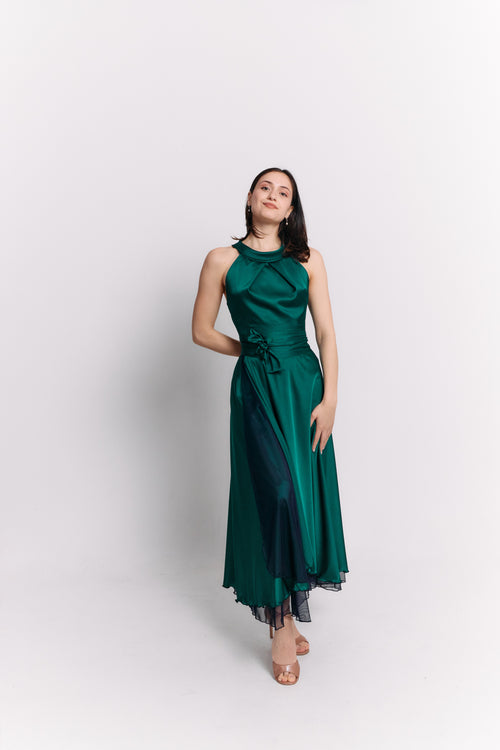 Emerald Satin Reversible Halter Dress