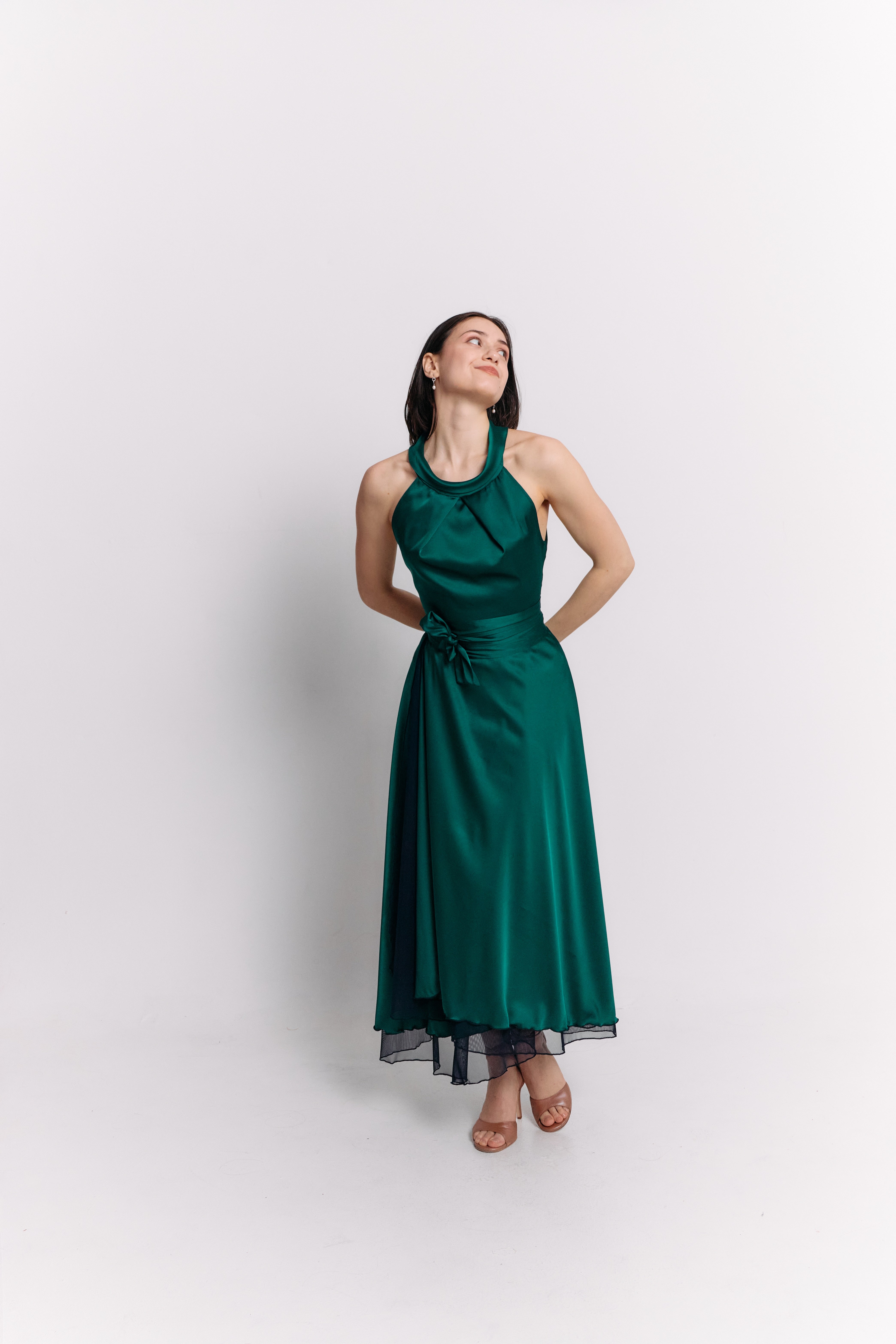 Emerald Satin Reversible Halter Dress