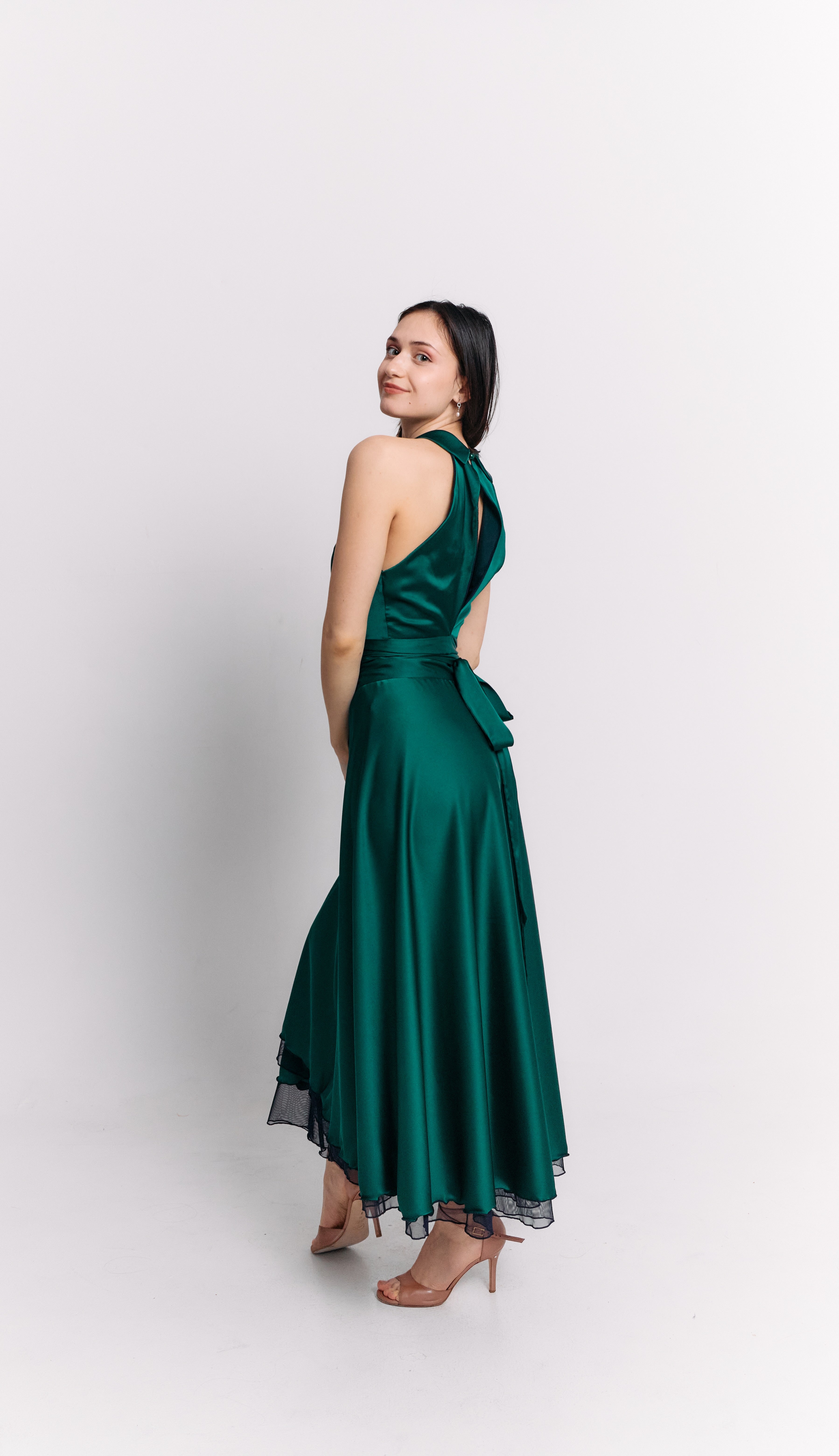 Emerald Satin Reversible Halter Dress