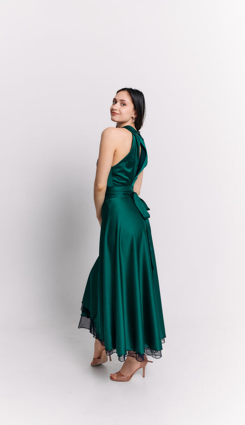 Emerald Satin Reversible Halter Dress