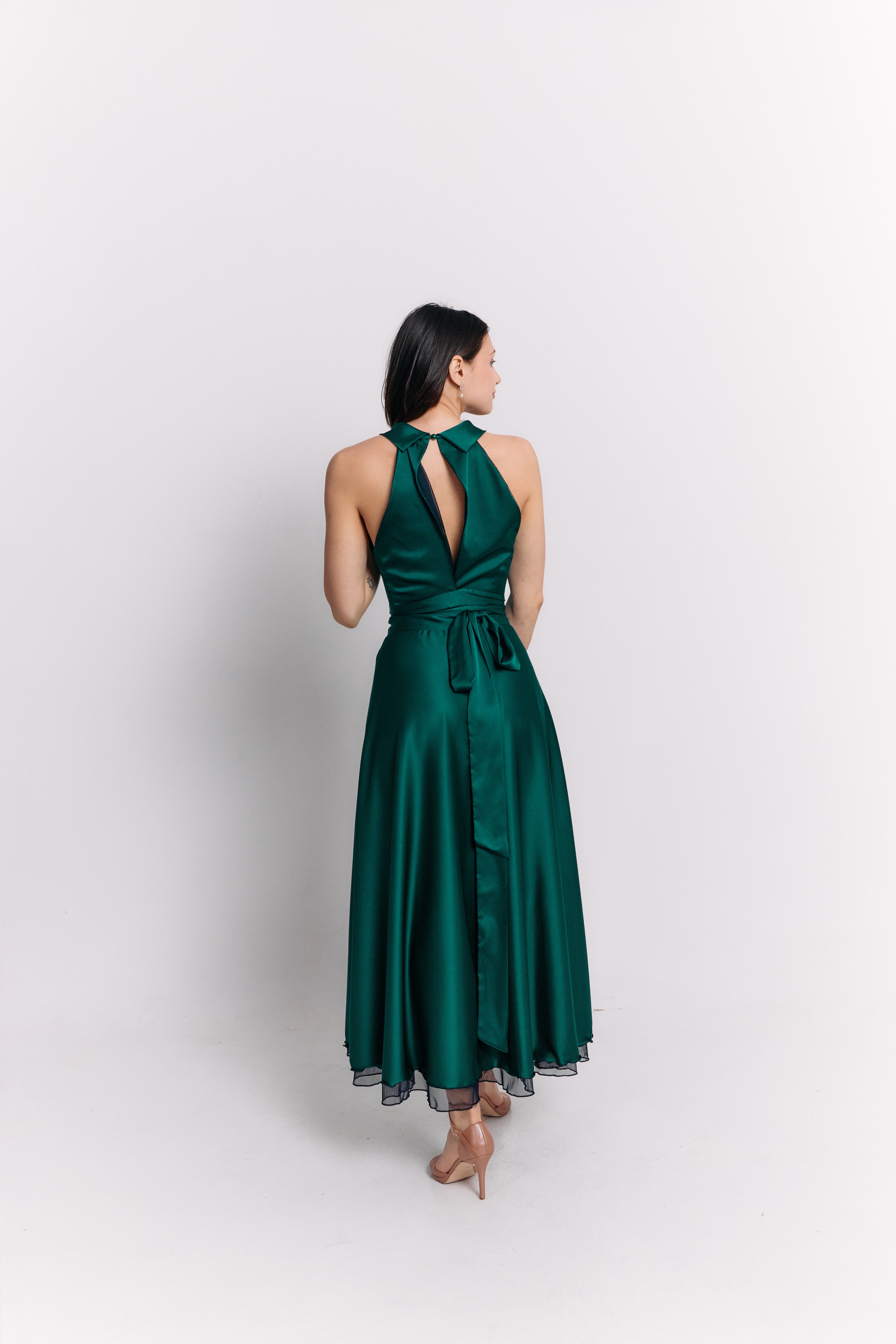 Emerald Satin Reversible Halter Dress