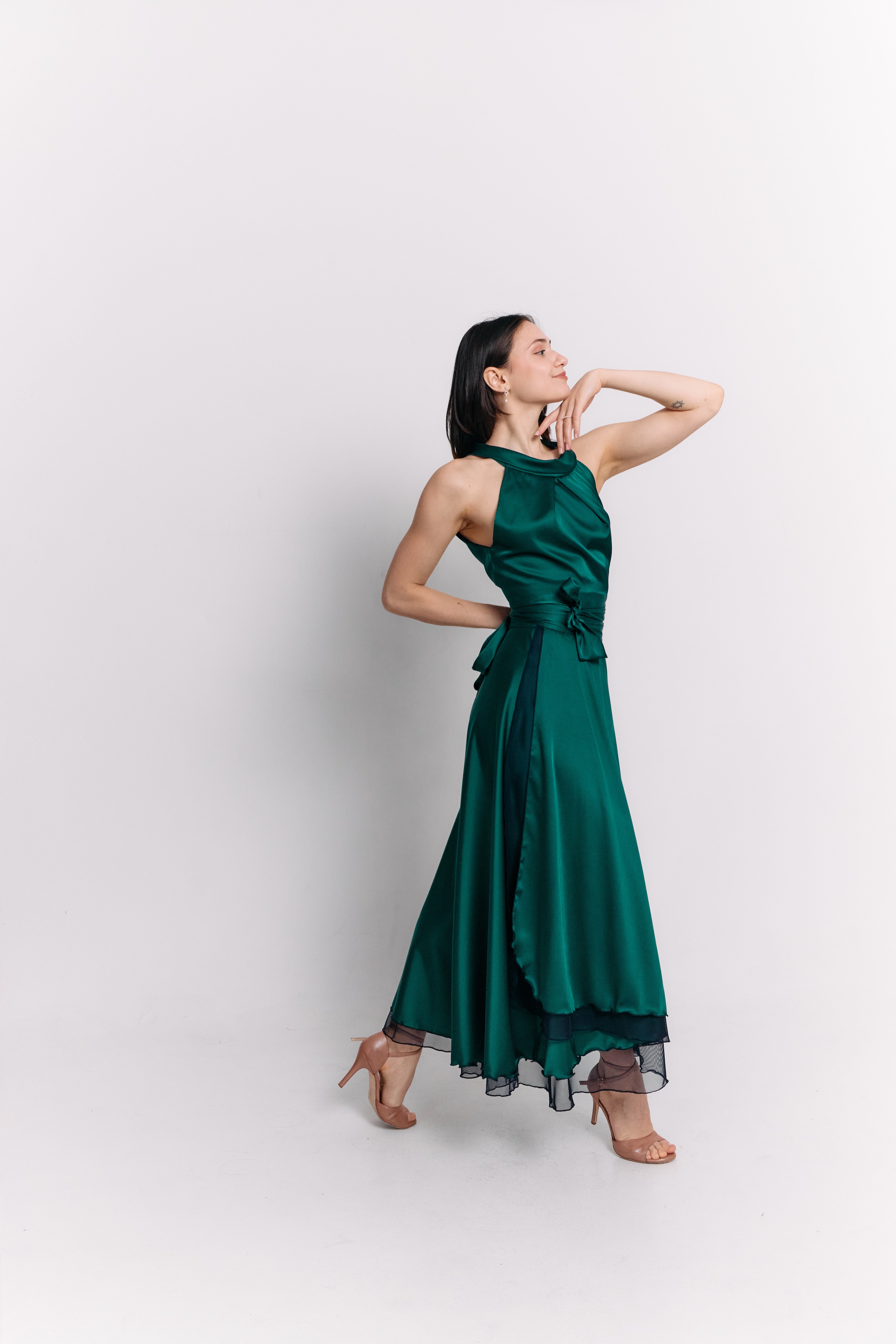 Emerald Satin Reversible Halter Dress