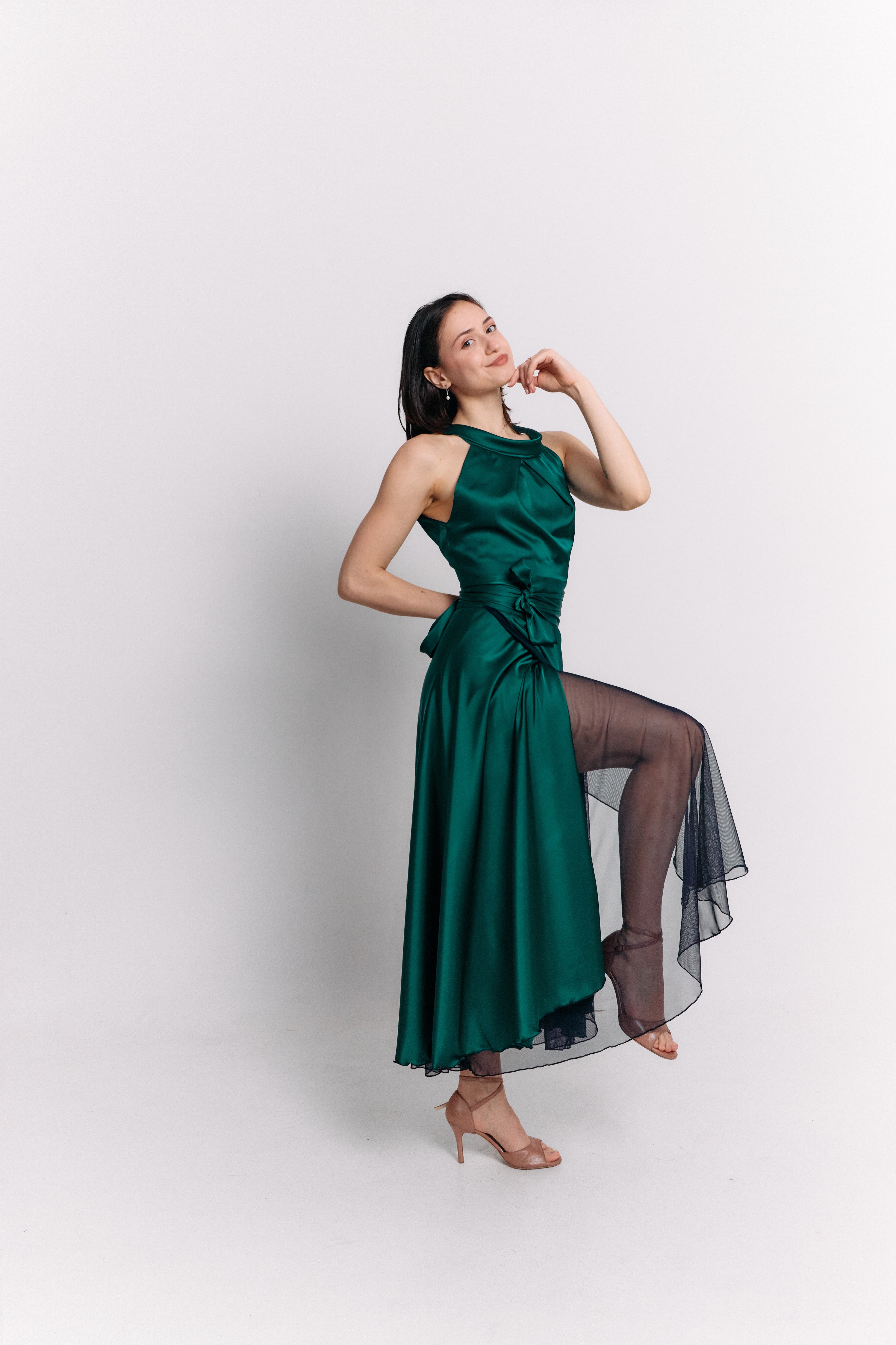 Emerald Satin Bloom Reversible Halter Dress