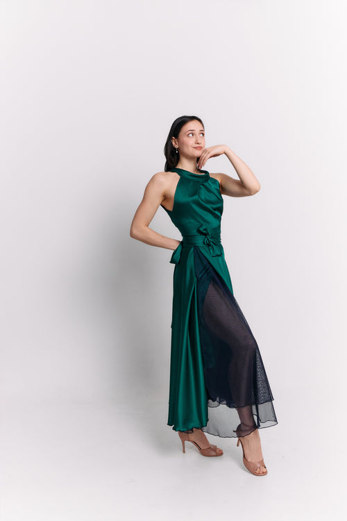 Emerald Satin Reversible Halter Dress