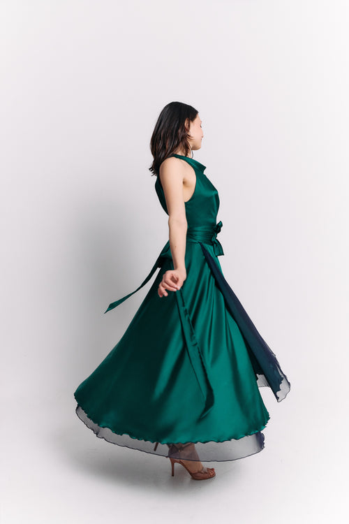 Emerald Satin Reversible Halter Dress