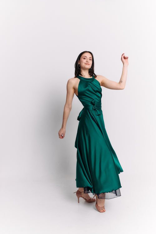 Emerald Satin Reversible Halter Dress