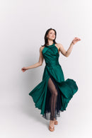 Emerald Satin Reversible Halter Dress