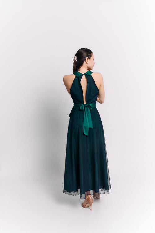 Emerald Satin Reversible Halter Dress