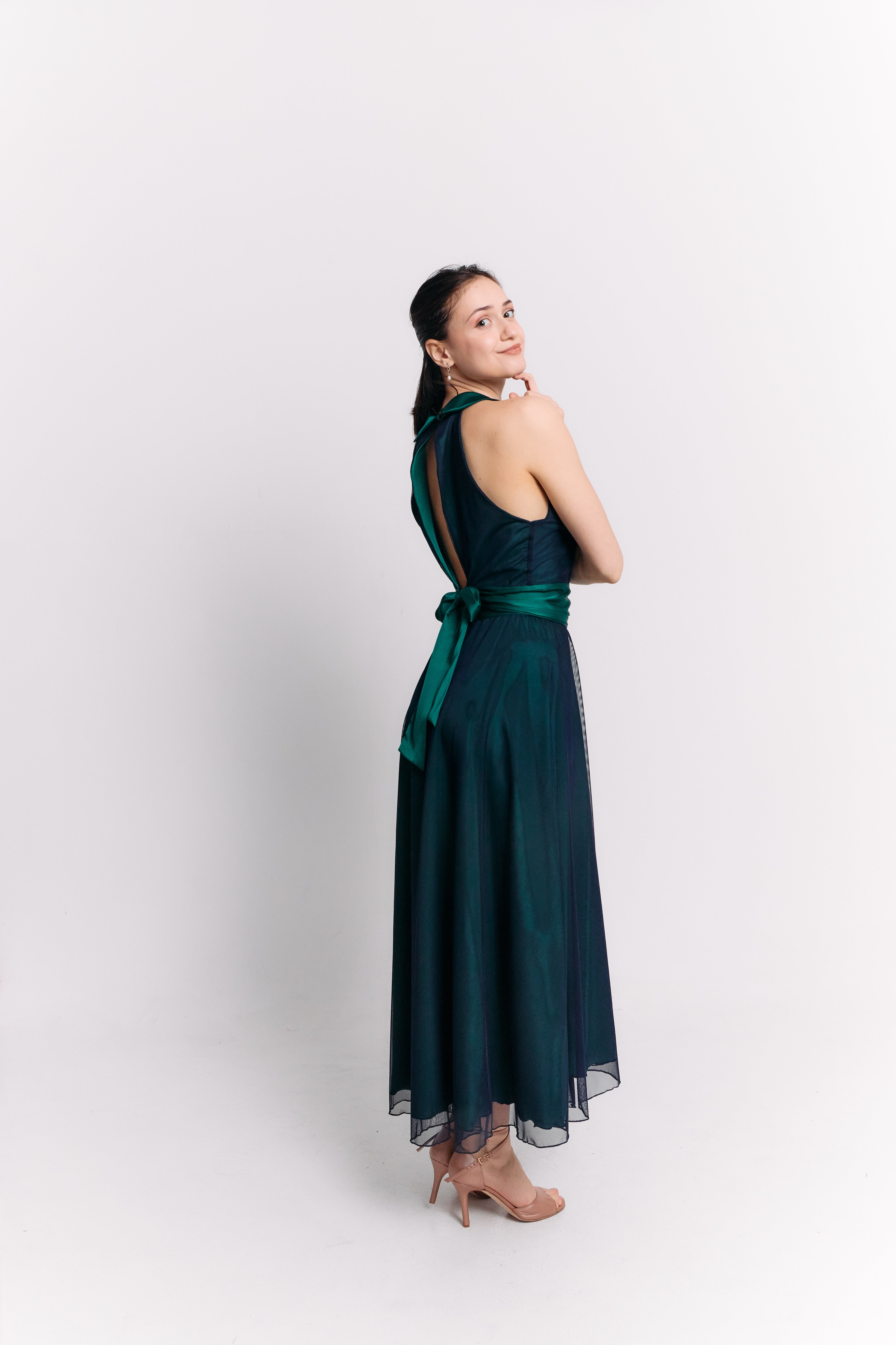 Emerald Satin Reversible Halter Dress