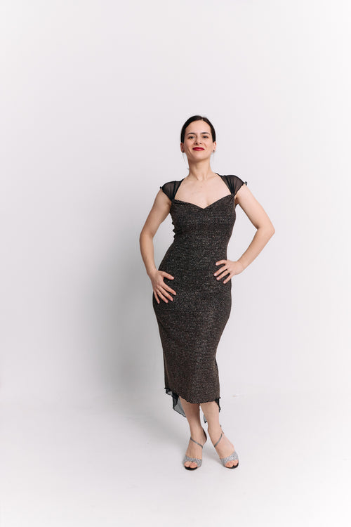 Black Lurex Wide Strap Sweetheart Midi Dress