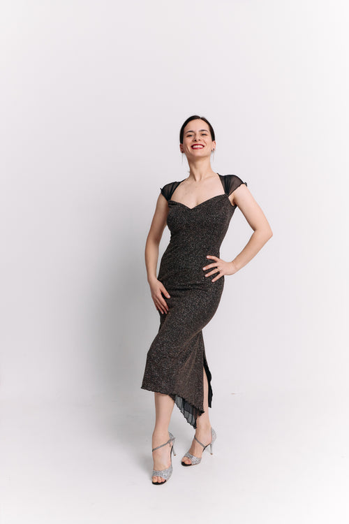 Black Lurex Wide Strap Sweetheart Midi Dress
