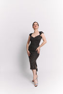 Black Lurex Wide Strap Sweetheart Midi Dress
