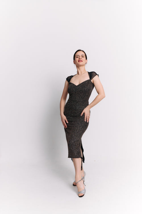 Black Lurex Wide Strap Sweetheart Midi Dress