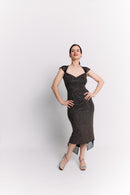 Black Lurex Wide Strap Sweetheart Midi Dress